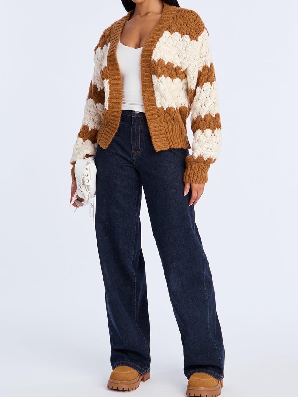 🟤NWT HYFVE Chunky Cozy Scalloped Striped Open Front Cardigan in Brown/Ivory